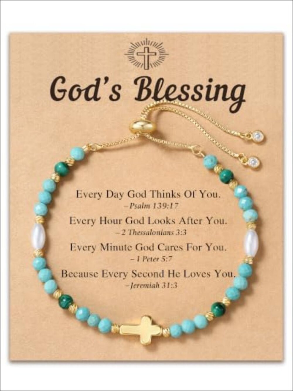 14K Gold Plated Cross Bracelet with Malachite Turquoise Pearl, Adjustable